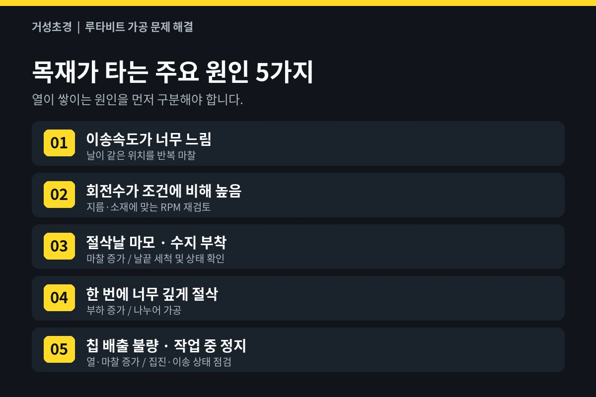 루타비트 가공 중 탄 자국의 주요 원인 다섯 가지를 요약한 설명 이미지